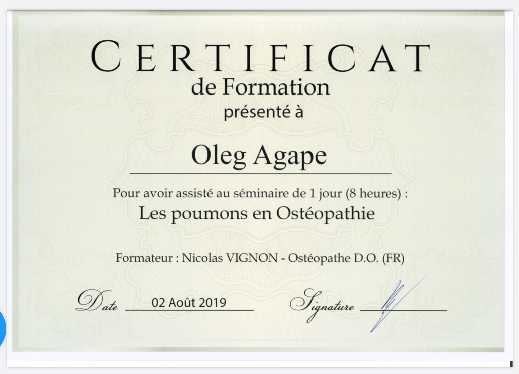 Сертификат повышения квалификации — Ostéopathie, Nicolas Vignon
